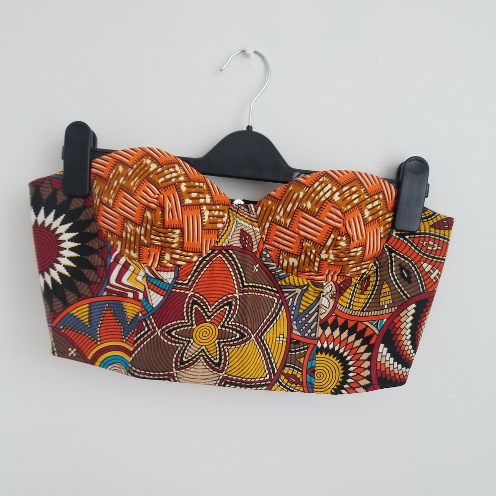 Bold Orange Multi-Pattern Strapless Crop Top